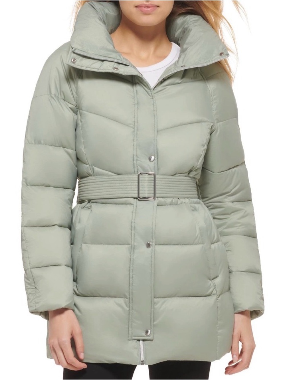 Cole Haan Signature Sage Green Belted Pillow Collar Puffer Coat Jacket PXS Cozy